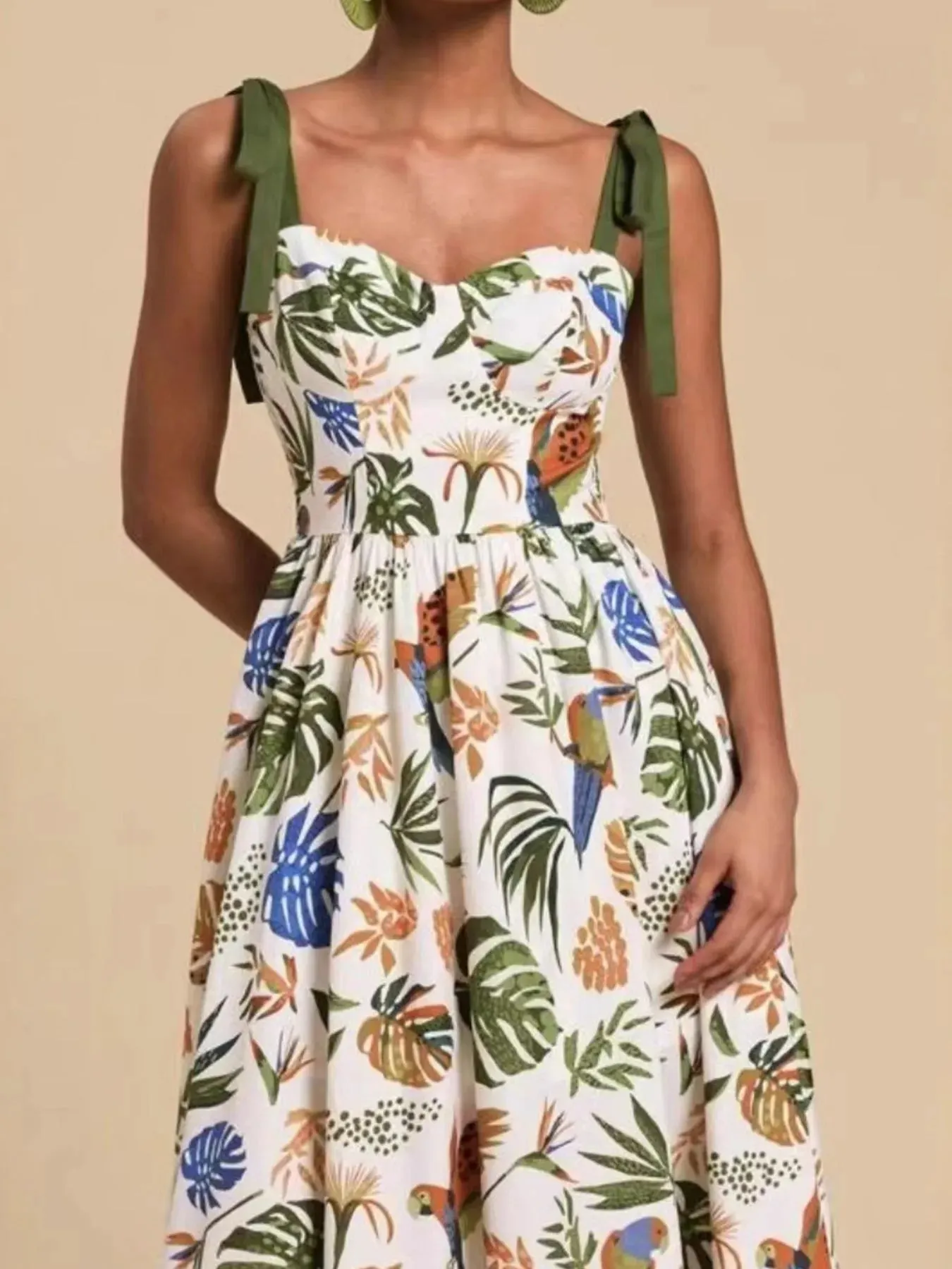 Tropical Print Tie-Shoulder Sweetheart Neck Midi Dress sold by Charming Charlie