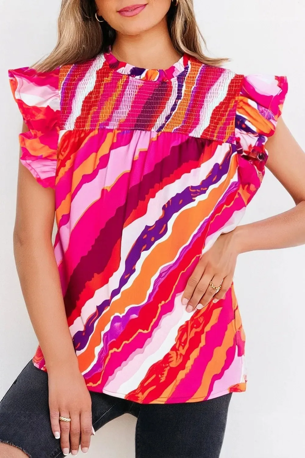 Abstract Print Shirred Yoke Ruffled Blouse sold by Charming Charlie