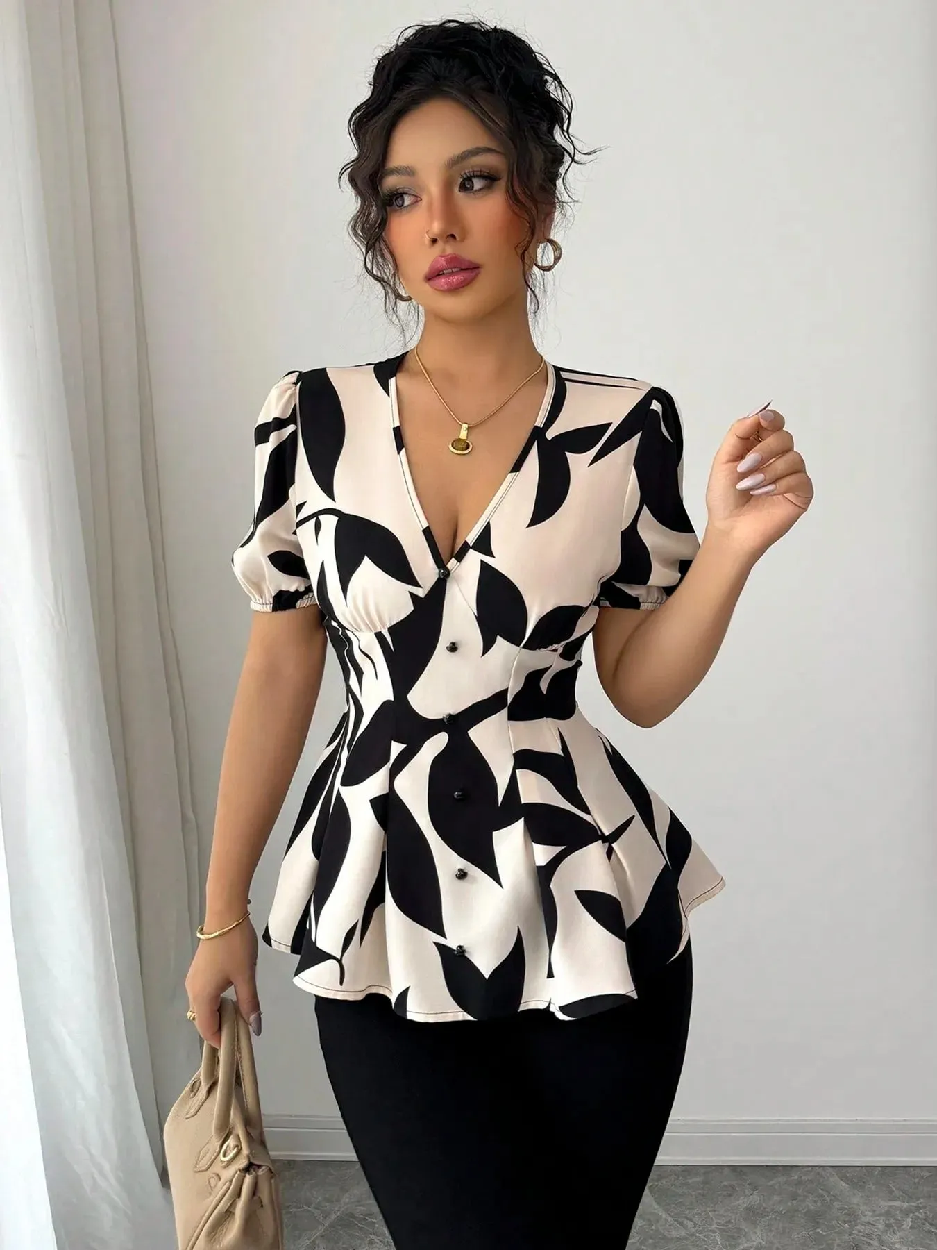 Puff Sleeve Printed Peplum Blouse sold by Charming Charlie product image thumbnail 3