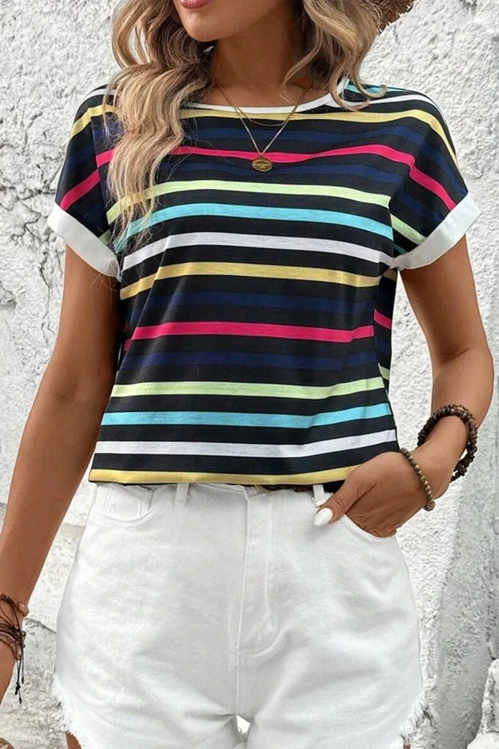 Colorful Striped Short Sleeve Casual T-Shirt sold by Charming Charlie product image thumbnail 3