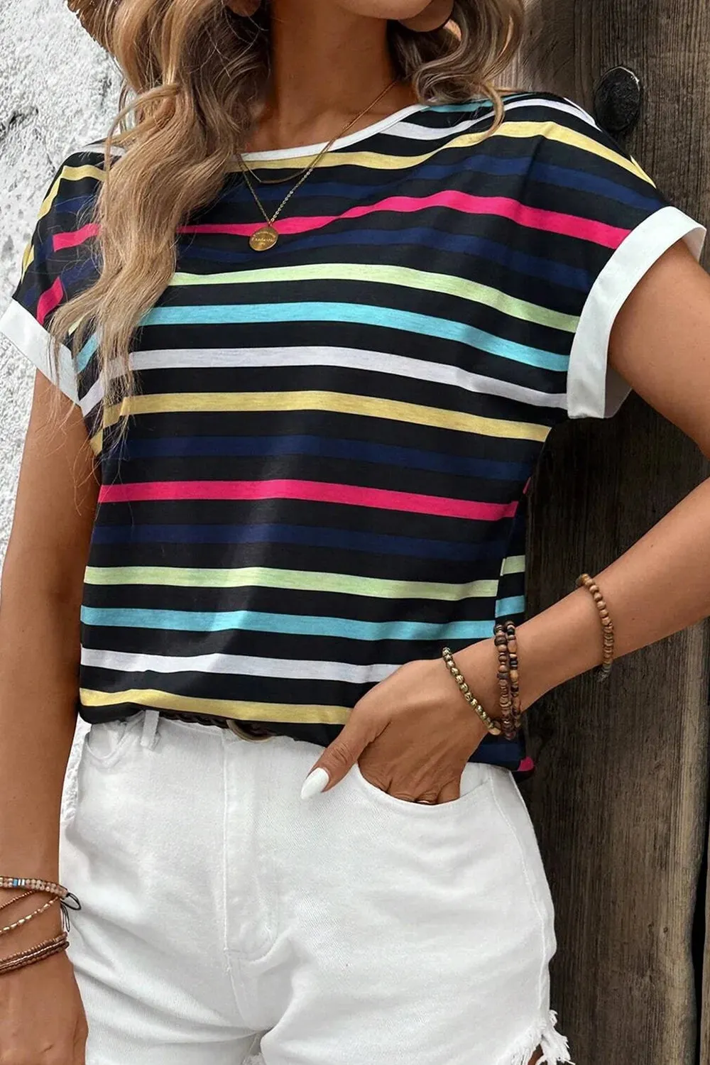 Colorful Striped Short Sleeve Casual T-Shirt sold by Charming Charlie product image thumbnail 4