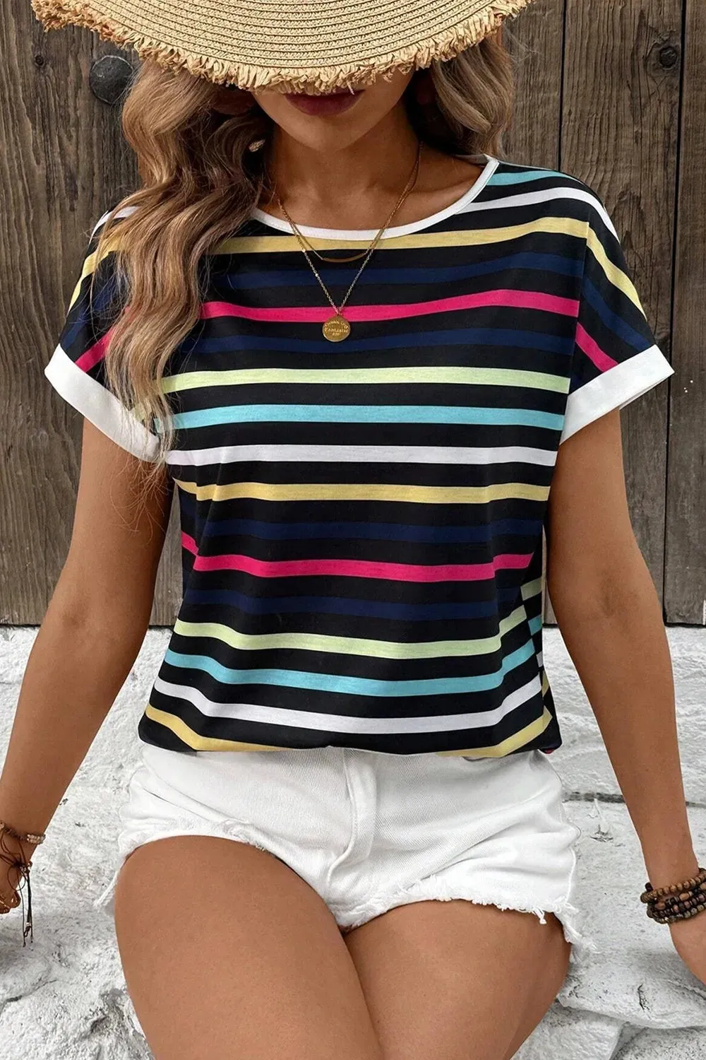 Colorful Striped Short Sleeve Casual T-Shirt sold by Charming Charlie