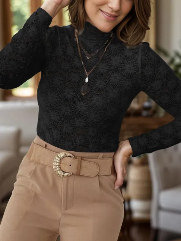 Lace Mock Neck Long Sleeve T-Shirt sold by Charming Charlie