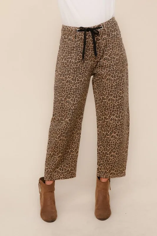 Be Bold Khaki Mid Rise Baggy Leopard Print Drawstring Patch Pocket Jeans sold by Charming Charlie