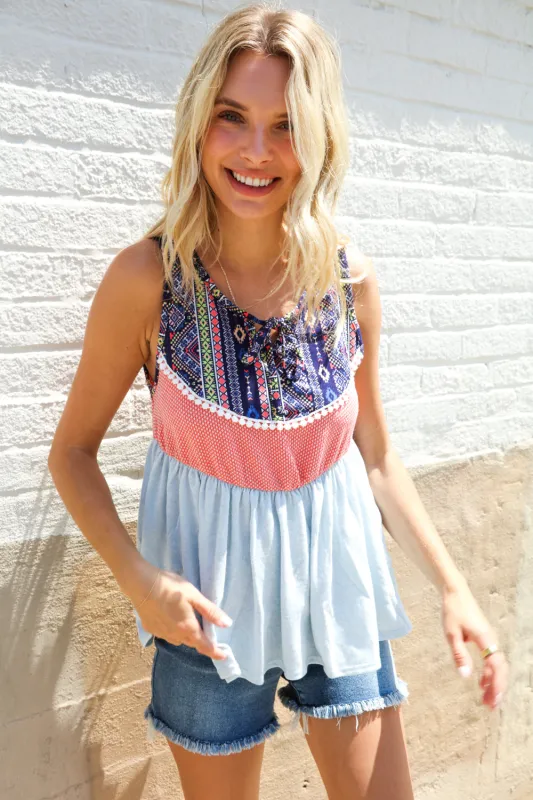 Vacay Vibes Coral/Blue Boho Print Color Block Sleeveless Top sold by Charming Charlie