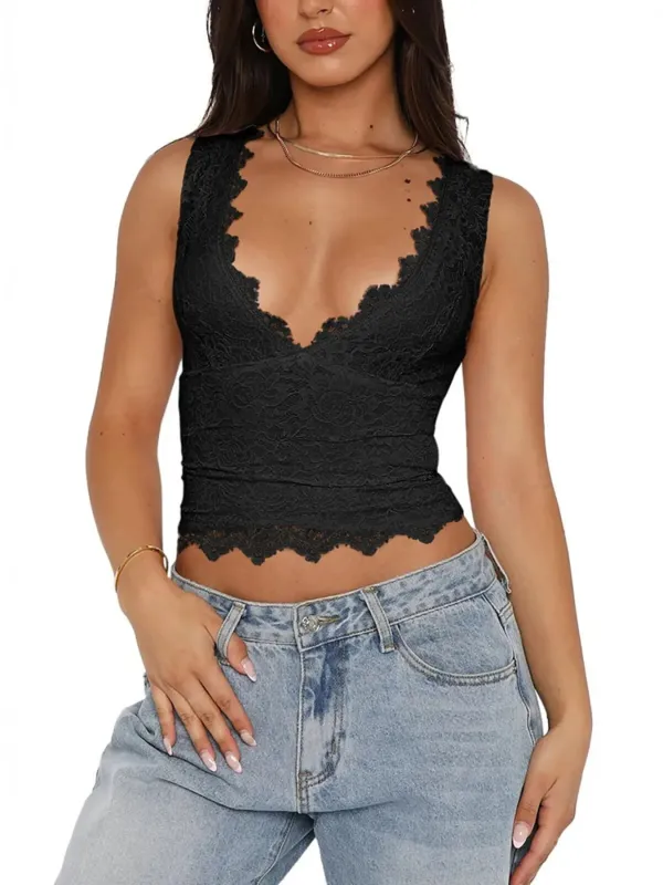 Lace V-Neck Cami Top with Scalloped Hem sold by Charming Charlie