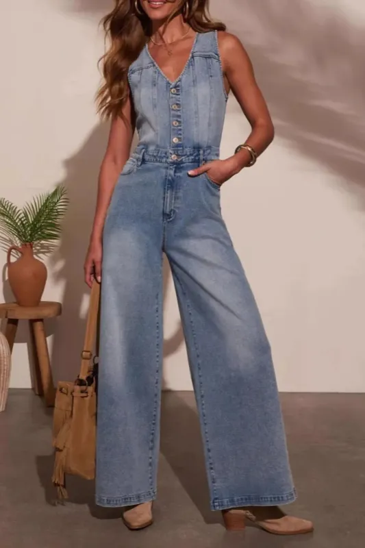 V-neck Wide Leg Denim Jumpsuit sold by Charming Charlie