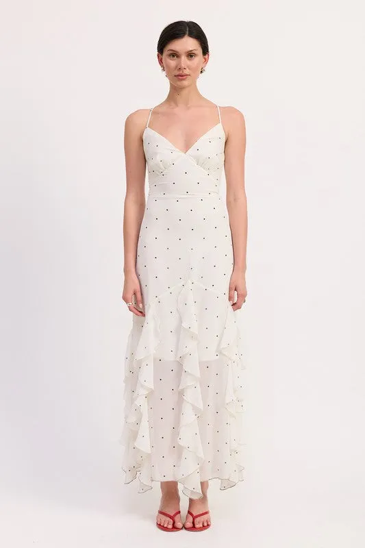 RUFFLED WRAP MAXI DRESS WITH CROSS BACK sold by Charming Charlie