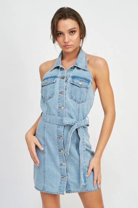BUTTON DOWN DENIM MINI DRESS WITH BELT sold by Charming Charlie