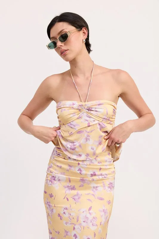 FLORAL STRAPLESS RUCHED HALTER TOP sold by Charming Charlie