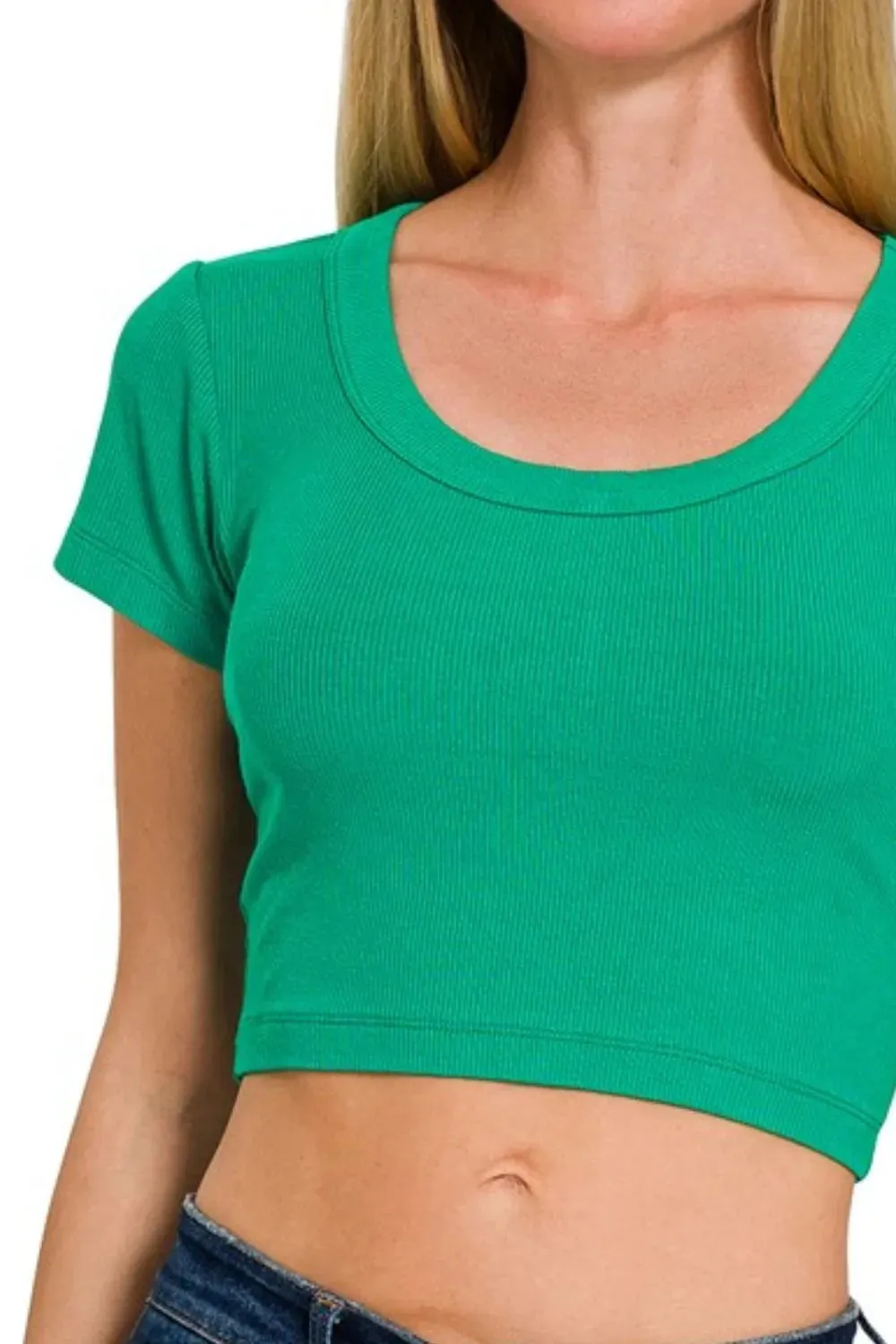Zenana Ribbed Scoop Neck Crop Short Sleeve Top sold by Charming Charlie product image thumbnail 2
