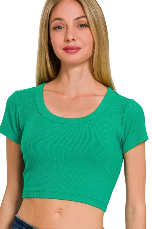 Zenana Ribbed Scoop Neck Crop Short Sleeve Top sold by Charming Charlie