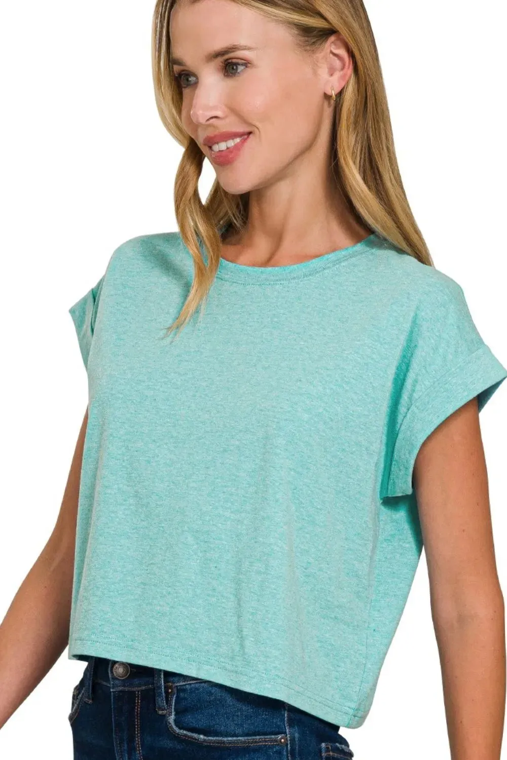 Zenana Rolled Sleeve Crop T-Shirt sold by Charming Charlie