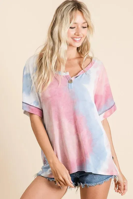 BiBi Tie Dye French Terry Top With Buttoned Placket sold by Charming Charlie
