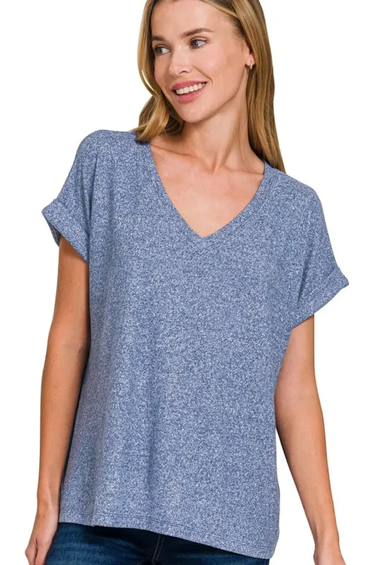 Zenana Soft Melange Hacci V-neck Tee sold by Charming Charlie