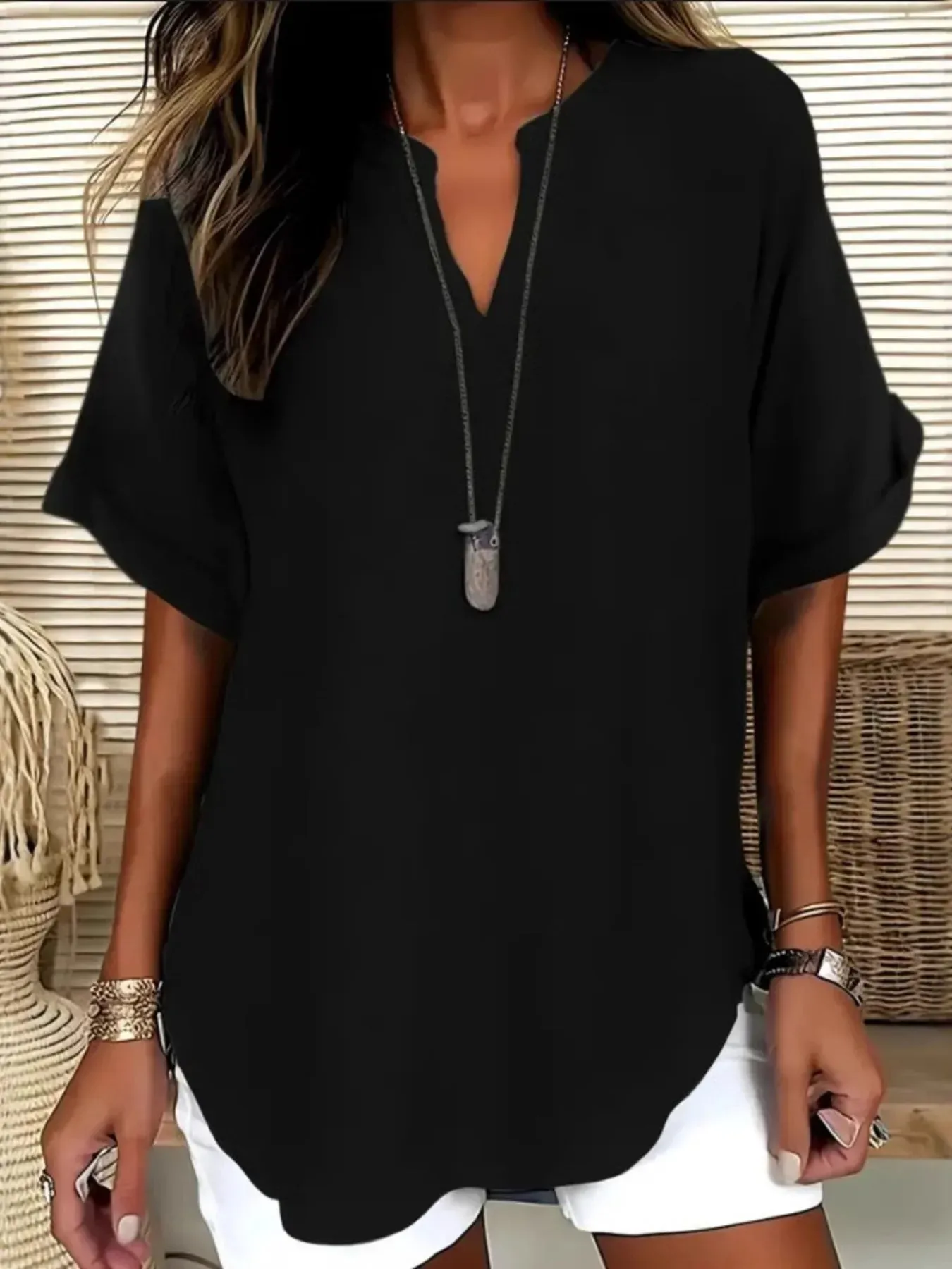 Casual Notched Short Sleeve Blouse sold by Charming Charlie product image thumbnail 5