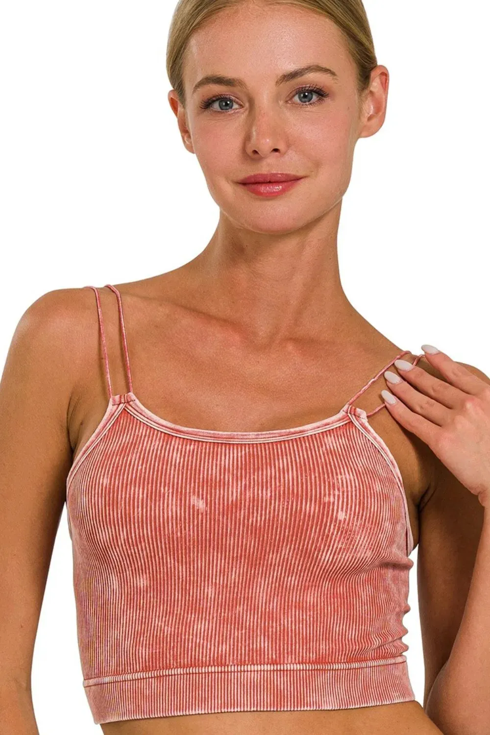 Zenana Washed Ribbed Seamless Double Strap Brami sold by Charming Charlie