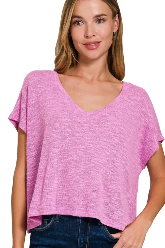 Zenana Hacci Slub V-neck Drop Shoulder Crop Top sold by Charming Charlie