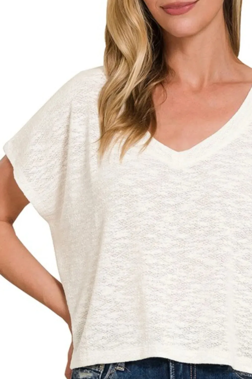 Zenana Hacci Slub V-neck Drop Shoulder Crop Top sold by Charming Charlie product image thumbnail 2