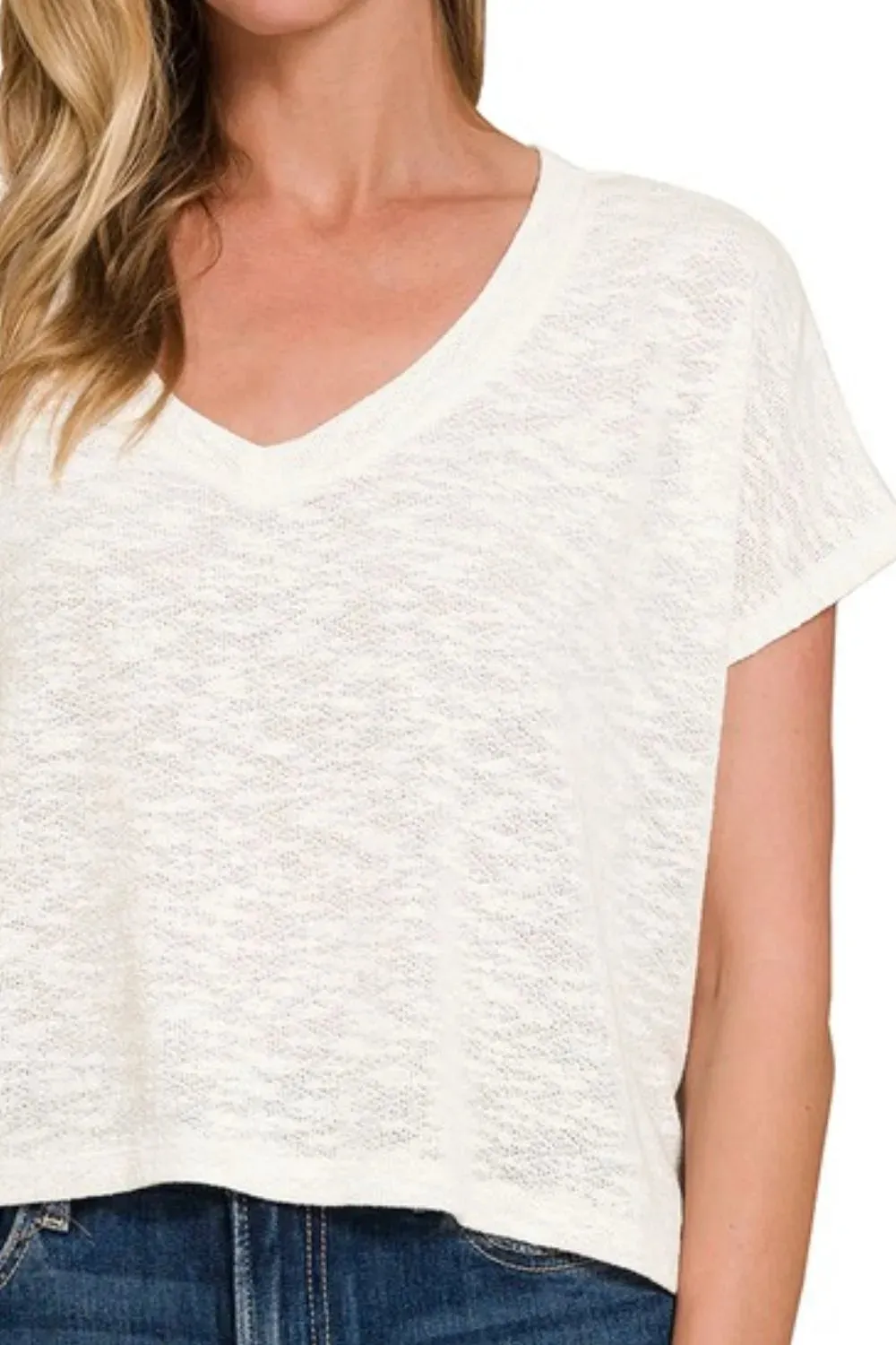 Zenana Hacci Slub V-neck Drop Shoulder Crop Top sold by Charming Charlie product image thumbnail 3