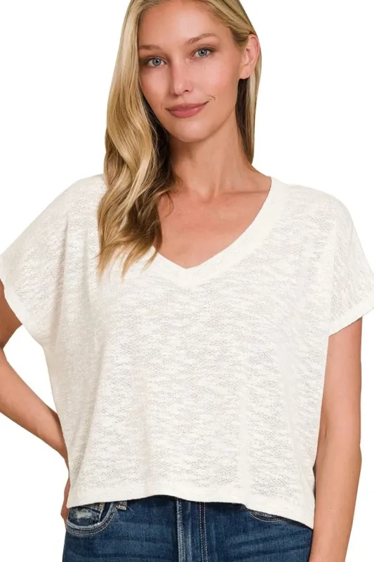 Zenana Hacci Slub V-neck Drop Shoulder Crop Top sold by Charming Charlie