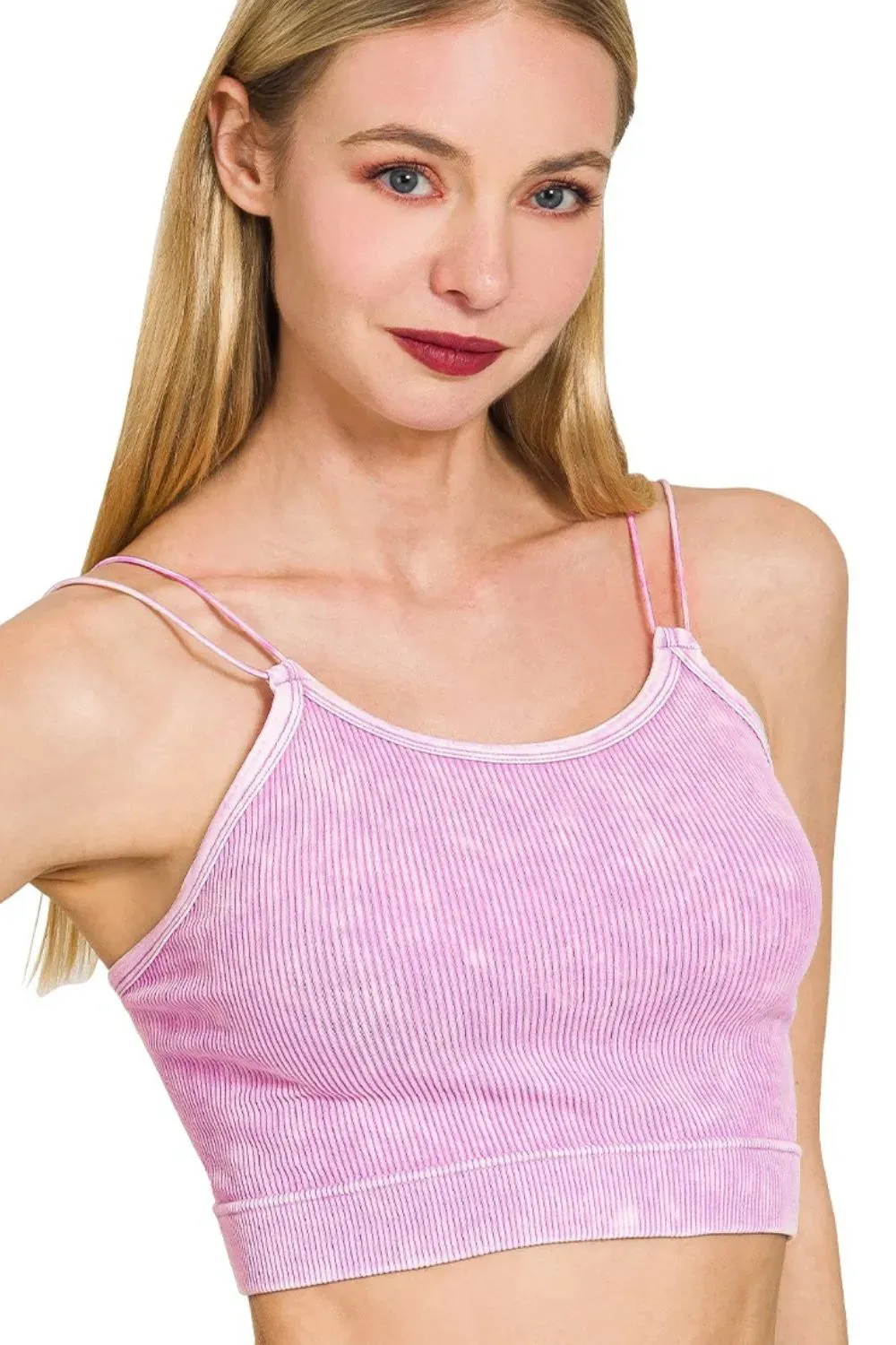 Zenana Washed Ribbed Seamless Double Strap Brami sold by Charming Charlie