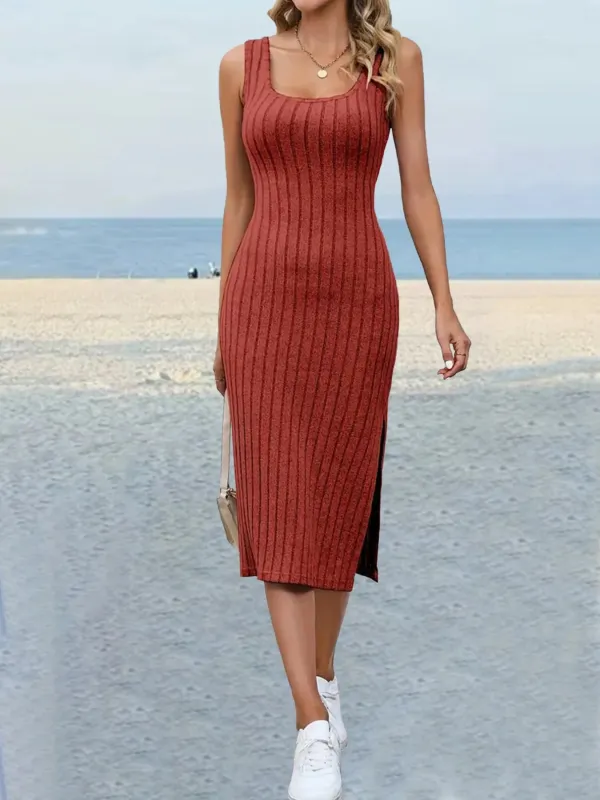 Ribbed Slit Wide Strap Bodycon Midi Dress sold by Charming Charlie