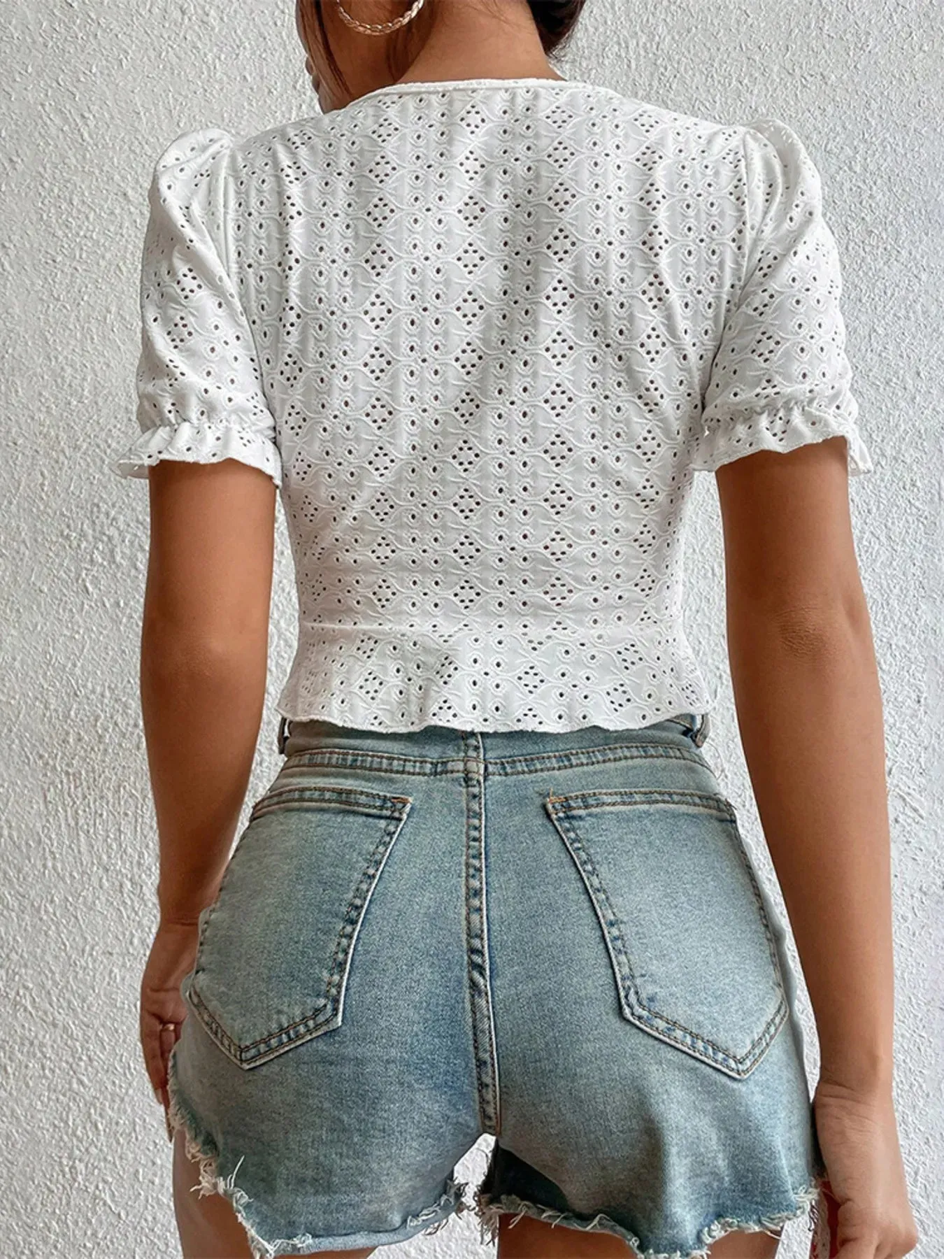 Eyelet Drawstring Puff Sleeve Crop Blouse sold by Charming Charlie product image thumbnail 4