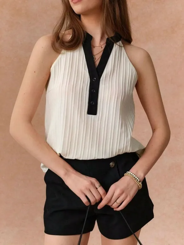 Button Front Notched Sleeveless Top sold by Charming Charlie