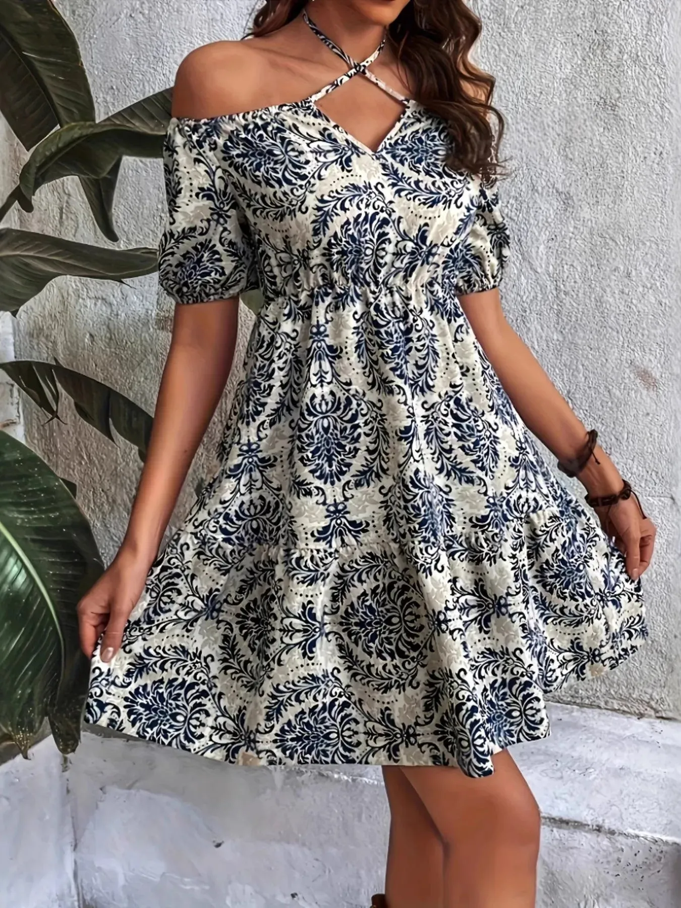 Off-Shoulder Printed Smocked Mini Dress sold by Charming Charlie product image thumbnail 2