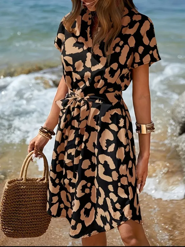 Leopard Notched Tie Waist Midi Dress sold by Charming Charlie