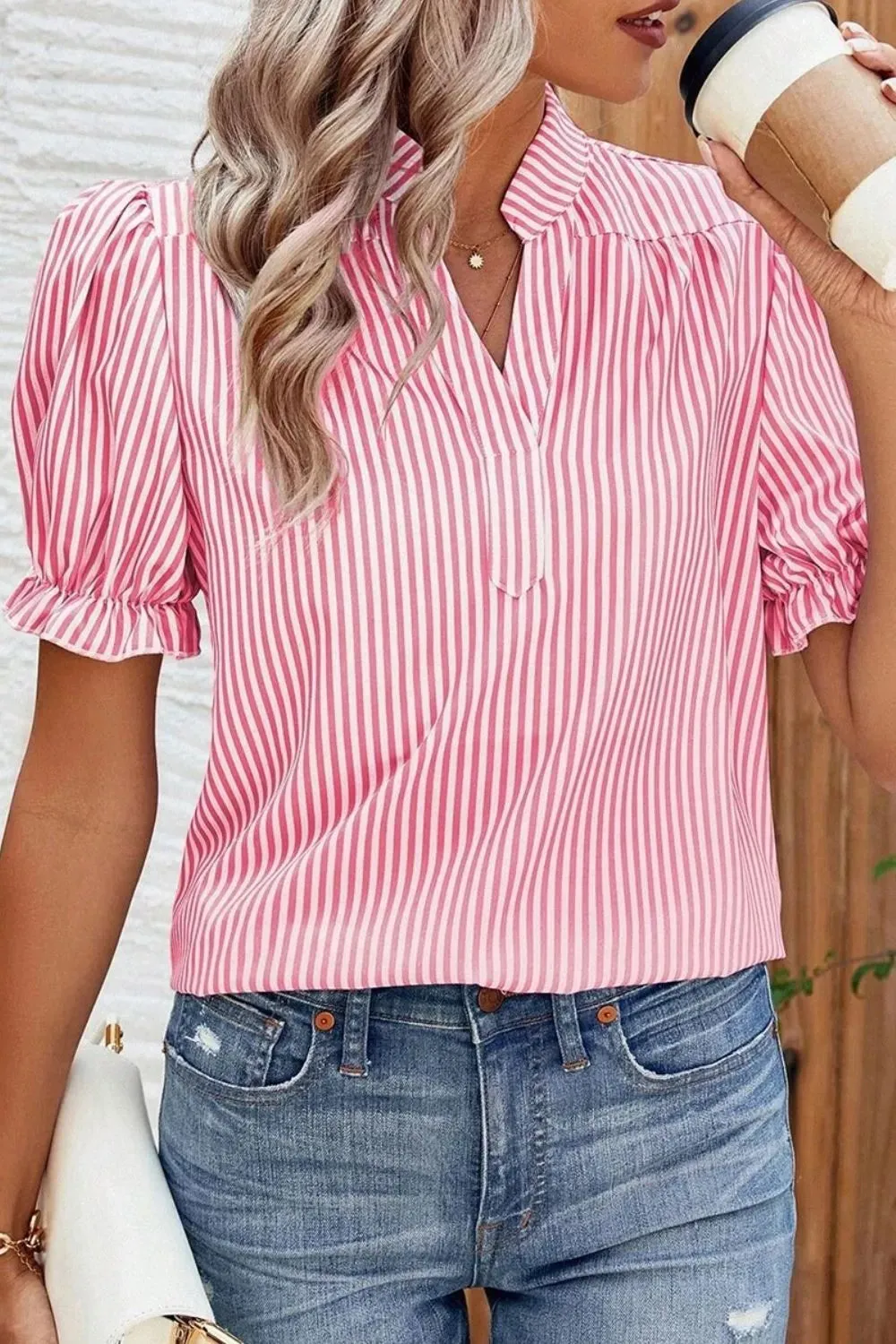 Stripe Notched Neck Frilled Short Puff Sleeve Blouse sold by Charming Charlie product image thumbnail 2