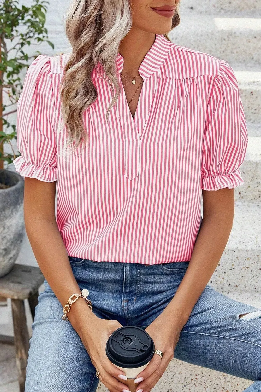 Stripe Notched Neck Frilled Short Puff Sleeve Blouse sold by Charming Charlie