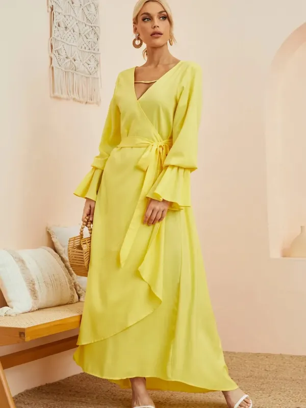 Ruffled Wrap Maxi Dress with Bell Sleeves sold by Charming Charlie