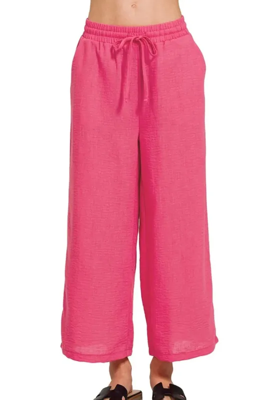 Zenana Woven Crepe Elastic Band Waist Cropped Pants sold by Charming Charlie