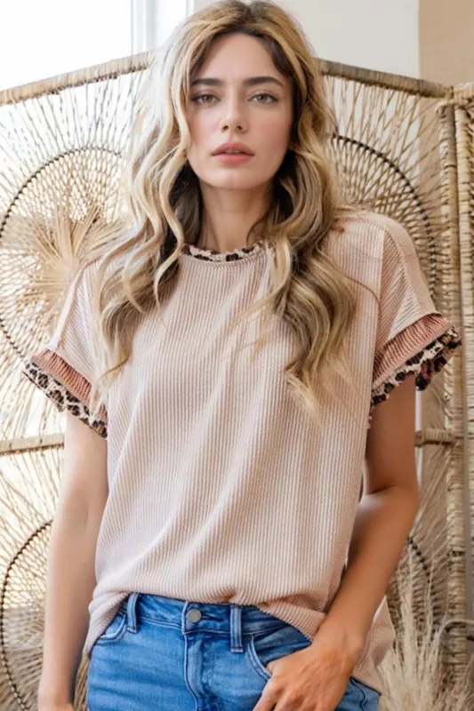 Leopard Trim Round Neck Ribbed T-Shirt sold by Charming Charlie