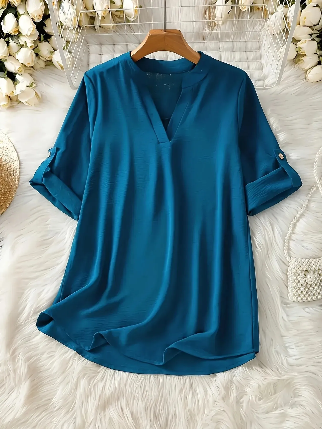 Notched Roll-Tab Sleeves Blouse sold by Charming Charlie product image thumbnail 2