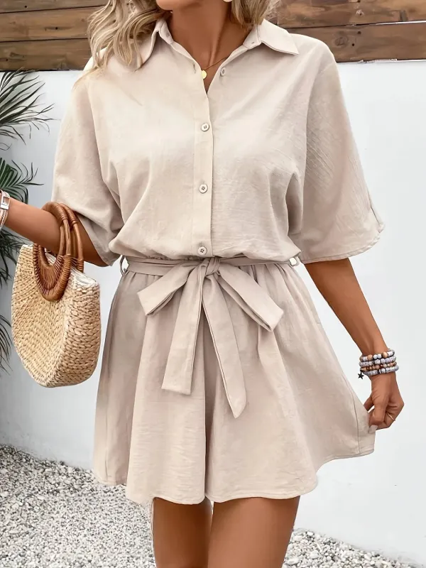 Button Front Tie Waist Romper sold by Charming Charlie