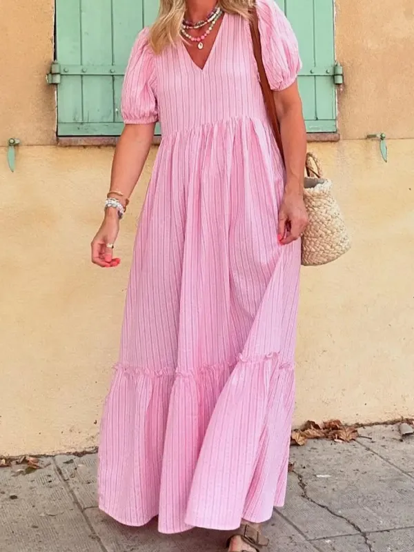 Striped Puff Sleeve V-Neck Maxi Dress sold by Charming Charlie