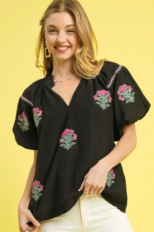 Umgee Floral Embroidered Puff Sleeve Blouse sold by Charming Charlie