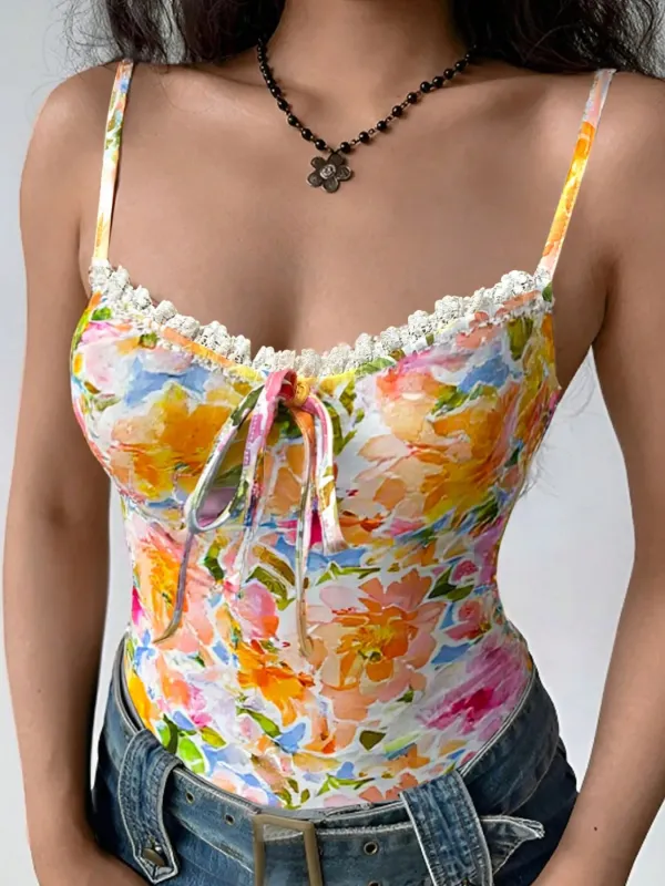 Floral Print Lace Detail Cami Top sold by Charming Charlie