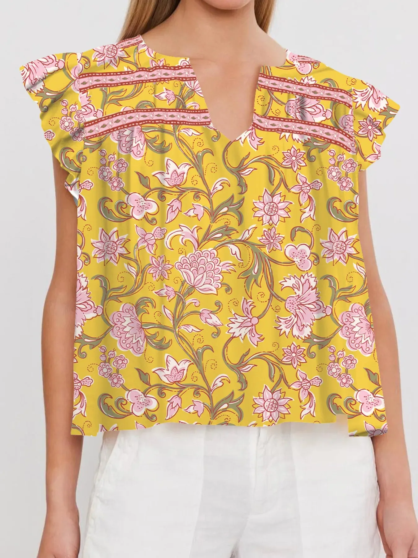 Floral Notched Neck Ruffled Sleeve Casual Blouse sold by Charming Charlie