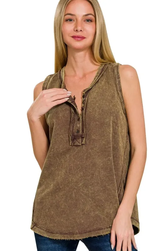 Zenana Washed Half-Button Raw Edge Sleeveless Henley Top sold by Charming Charlie