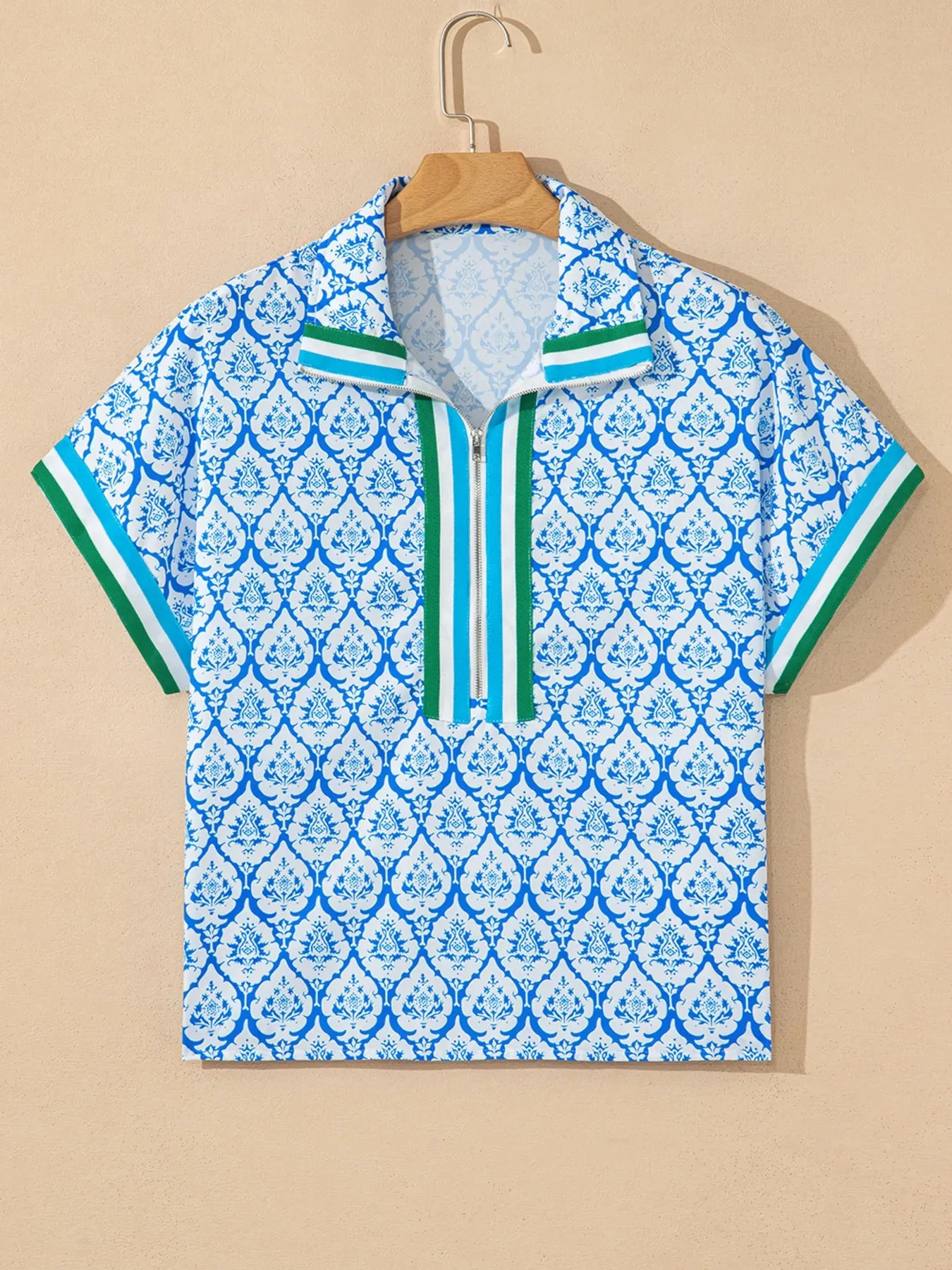 Western Print Zipped Collar Short Sleeve Summer Blouse Top sold by Charming Charlie product image thumbnail 2