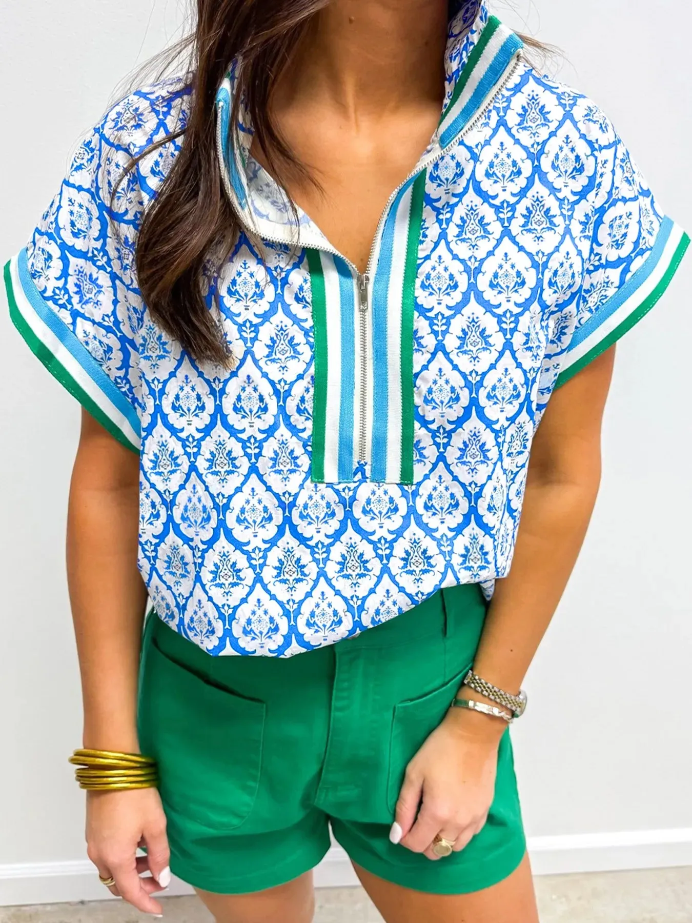 Western Print Zipped Collar Short Sleeve Summer Blouse Top sold by Charming Charlie