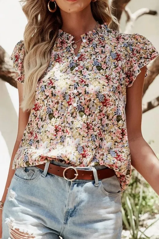 Floral Print Ruffle Cap Sleeve Blouse sold by Charming Charlie