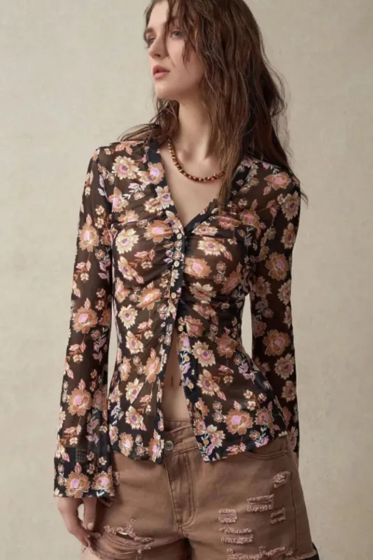 Floral  Button-Front Shirt with Bell Sleeves sold by Charming Charlie