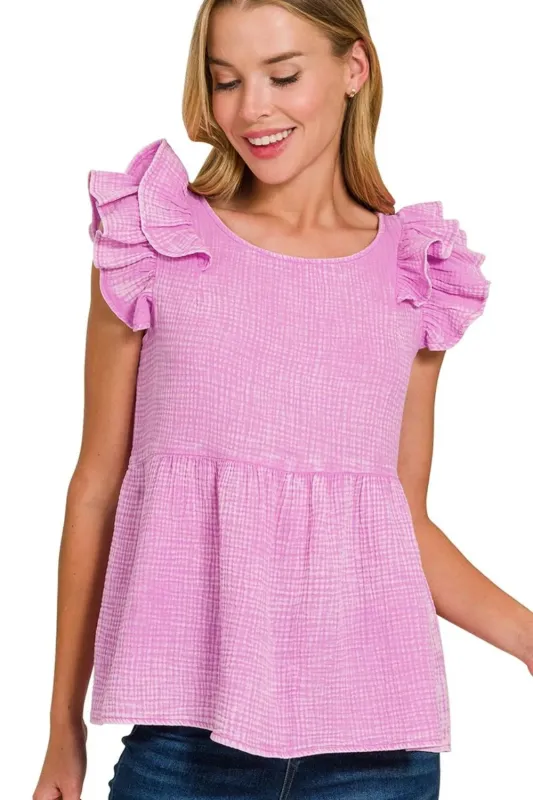 Zenana Double Gauze Acid Washed Tiered Ruffle Peplum Top sold by Charming Charlie