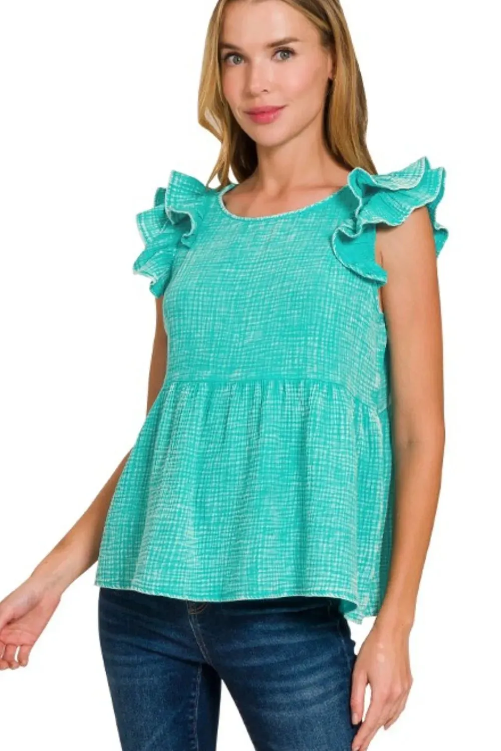 Zenana Double Gauze Acid Washed Tiered Ruffle Peplum Top sold by Charming Charlie product image thumbnail 2