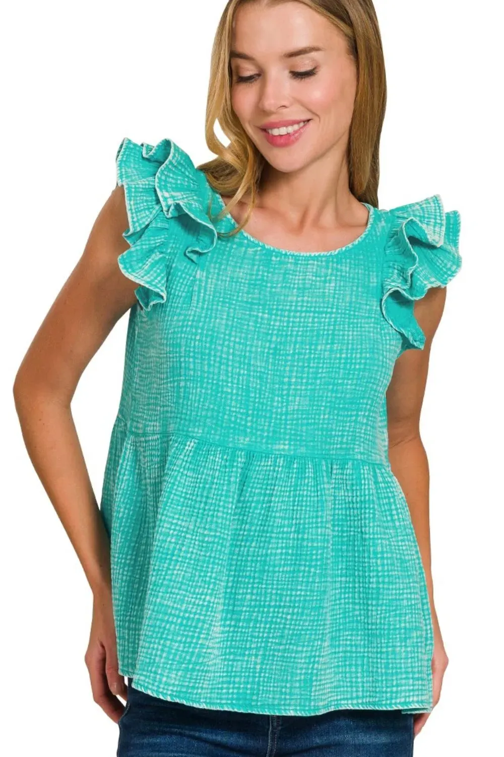 Zenana Double Gauze Acid Washed Tiered Ruffle Peplum Top sold by Charming Charlie